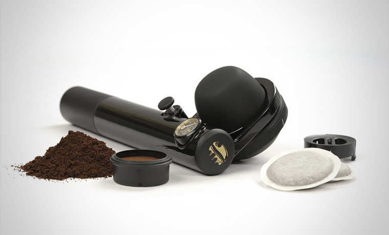 A portable espresso machine with ground coffee and ESE pods