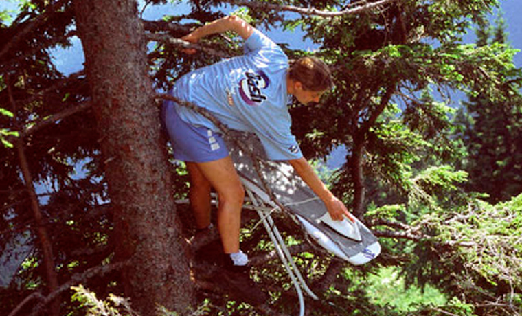 Extreme ironing tree climber