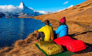 Wild camping with mountains and lake view