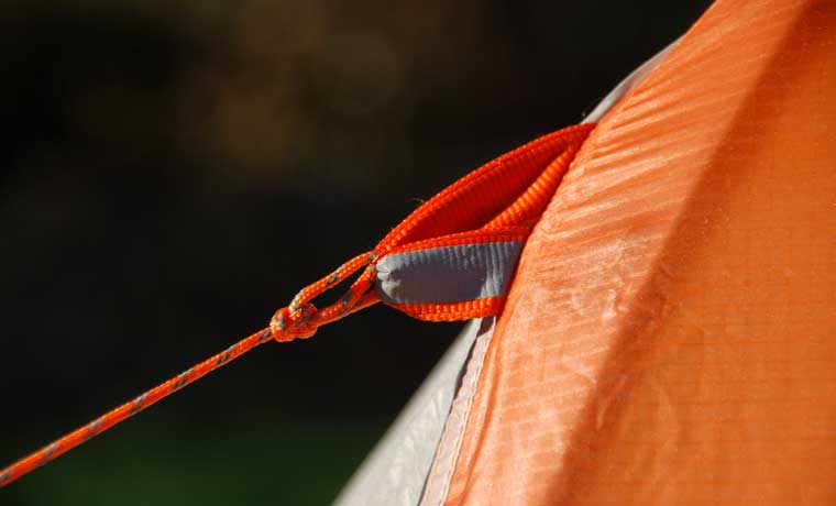 Guyline of tent with reflective tag