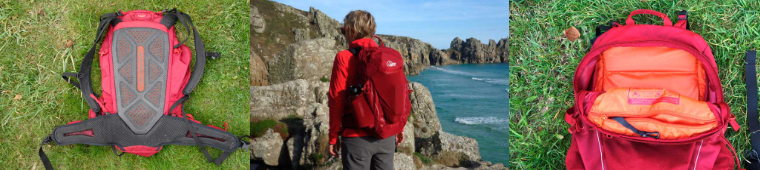 Woman hiking the coast carrying the Lowe Alpine Daypack