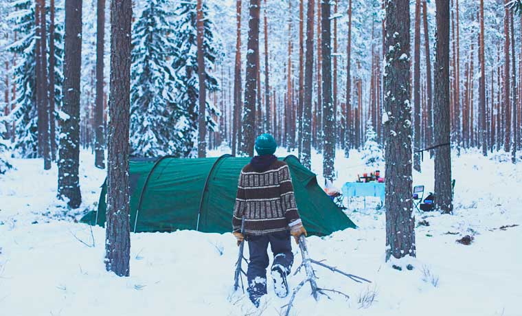 winter camping in the snow