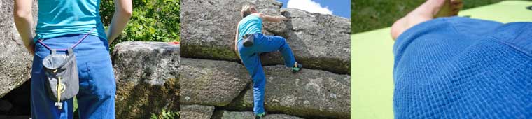 Woman rock climbing on blue pants