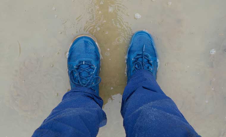 Blue shoes standing in puddle