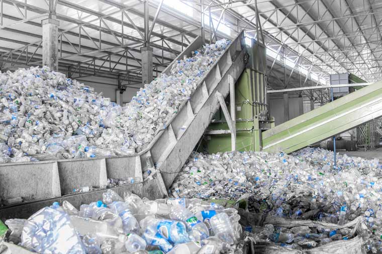 Recycling plastic bottles at plant