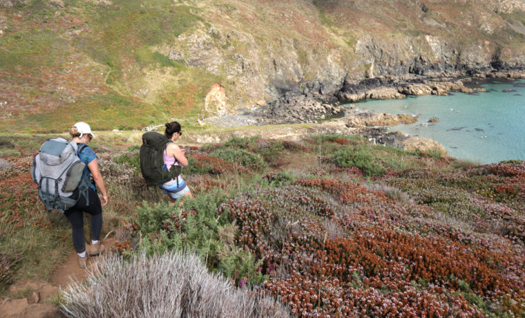 Women backpacking on the coast