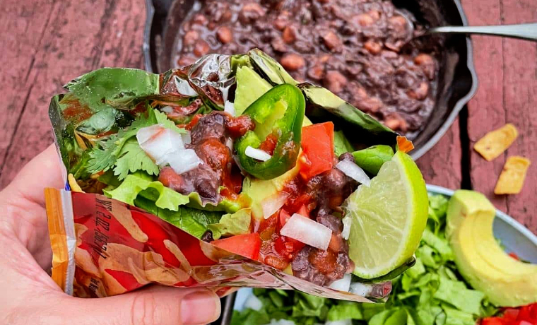 Vegan camping food Taco in crisp packet