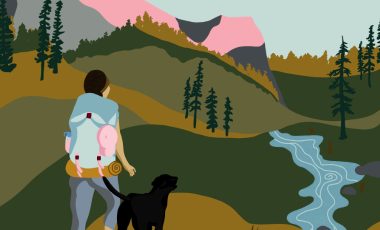 Illustration of hiker in mountains