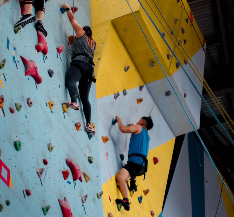 People playing climbing games on indoor wall
