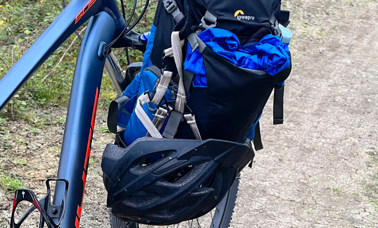 Bike helmet on backpack gear loops